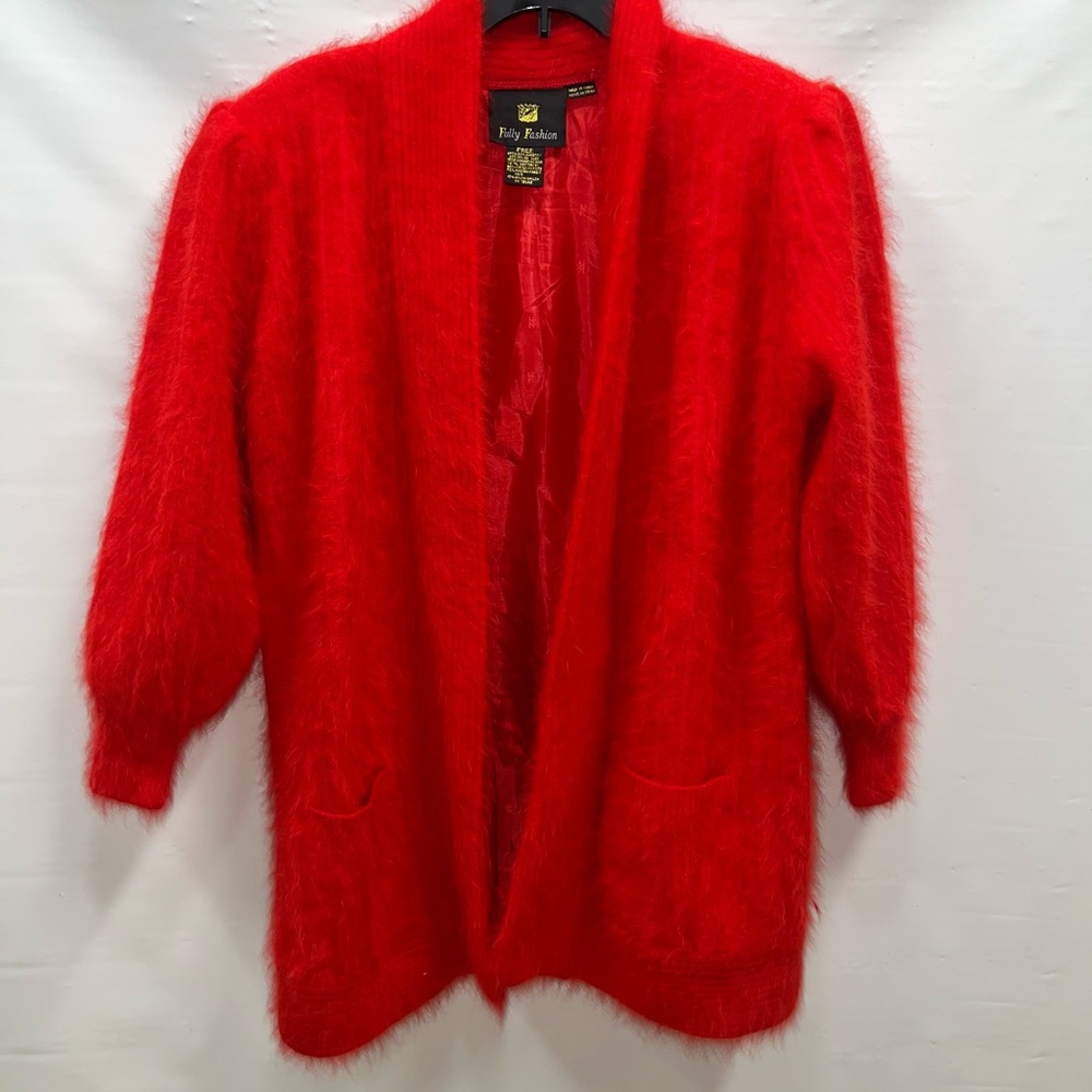 Fully Fashion Coat Women’s Large Red Open Front Faux Fur Front Pockets